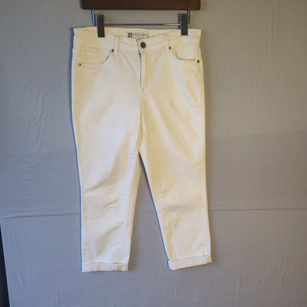 Anne Klein Jeans Womens White Cropped Denim Pants Cuffed Hem Size 6 Mid Rise
